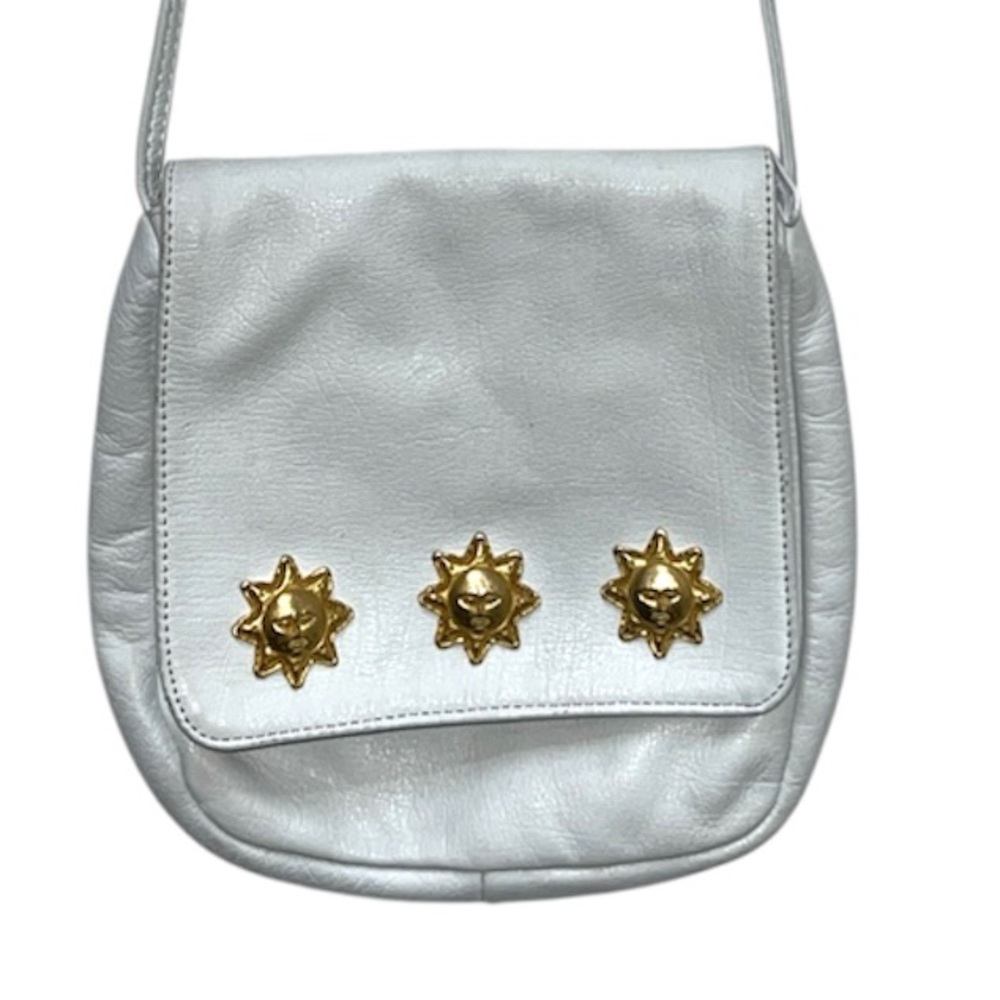 Vintage White Leather Shoulder/Crossbody Bag With Gold 3-D Sun Faces EUC